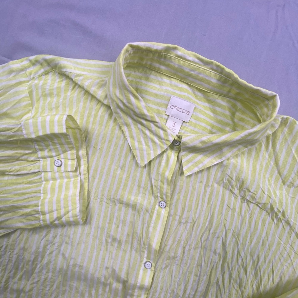 Chicos Size 3 Silk Cotton Button Down Blouse Lime Green White‎ Stripe Womens XL